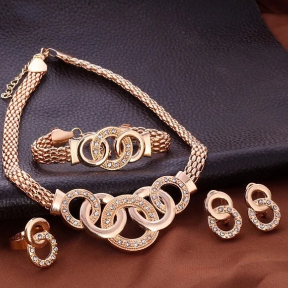 Necklace Bracelet Earrings Ring Set, Gold Plated Ensemble for Women - Picture 2 of 8